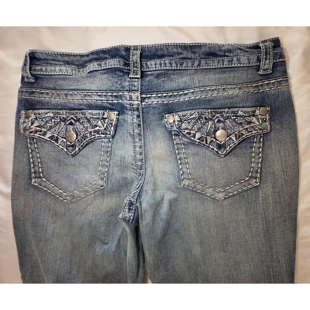Paisley Sky Womens Jeans 12 Bootcut Flare Embellished Bling Flap Pocket Y2K 30"